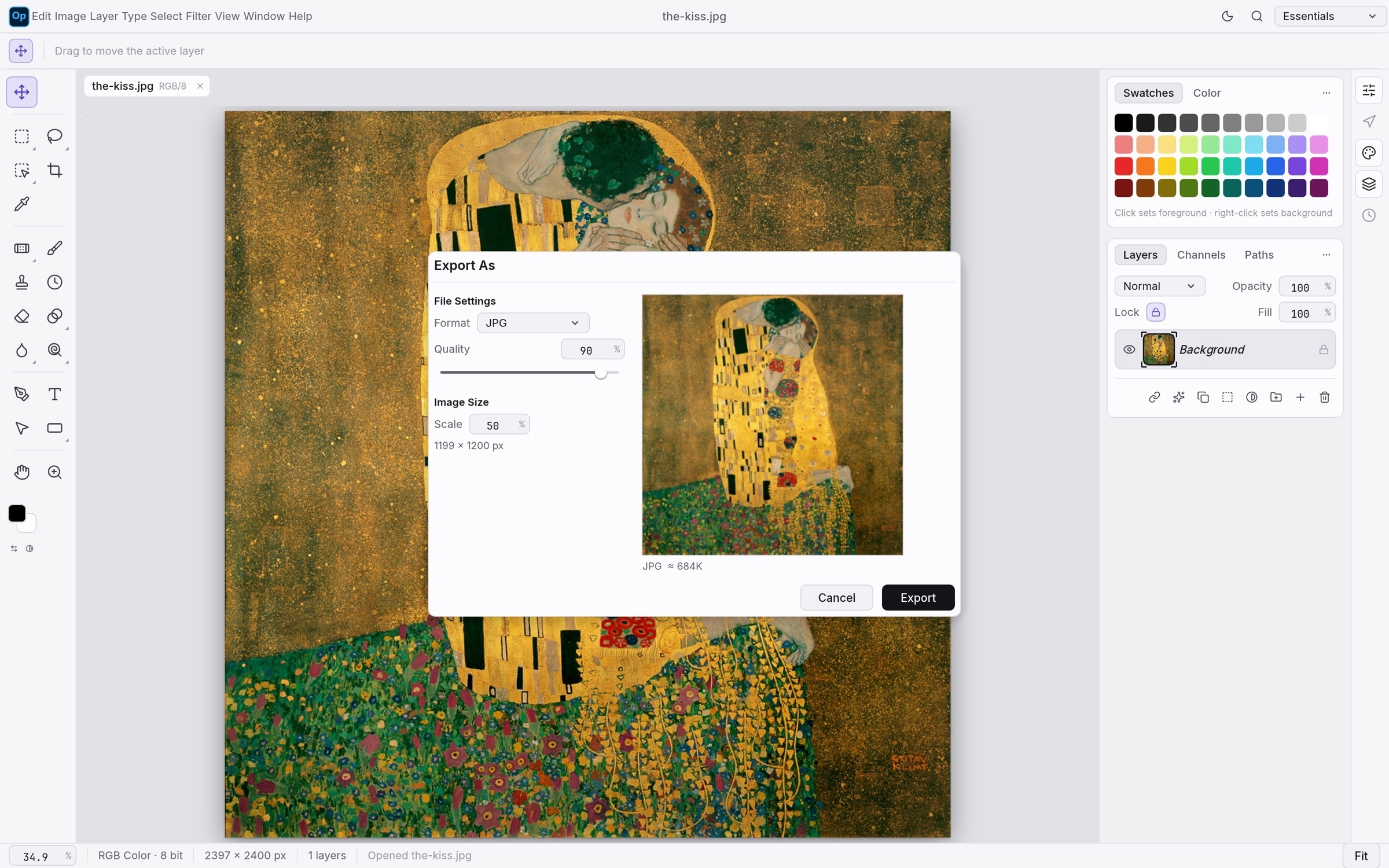 OmniPhoto WebAssembly Studio: Modern Production Multi-Format Export workflow applied to The Kiss — Gustav Klimt, 1907–1908