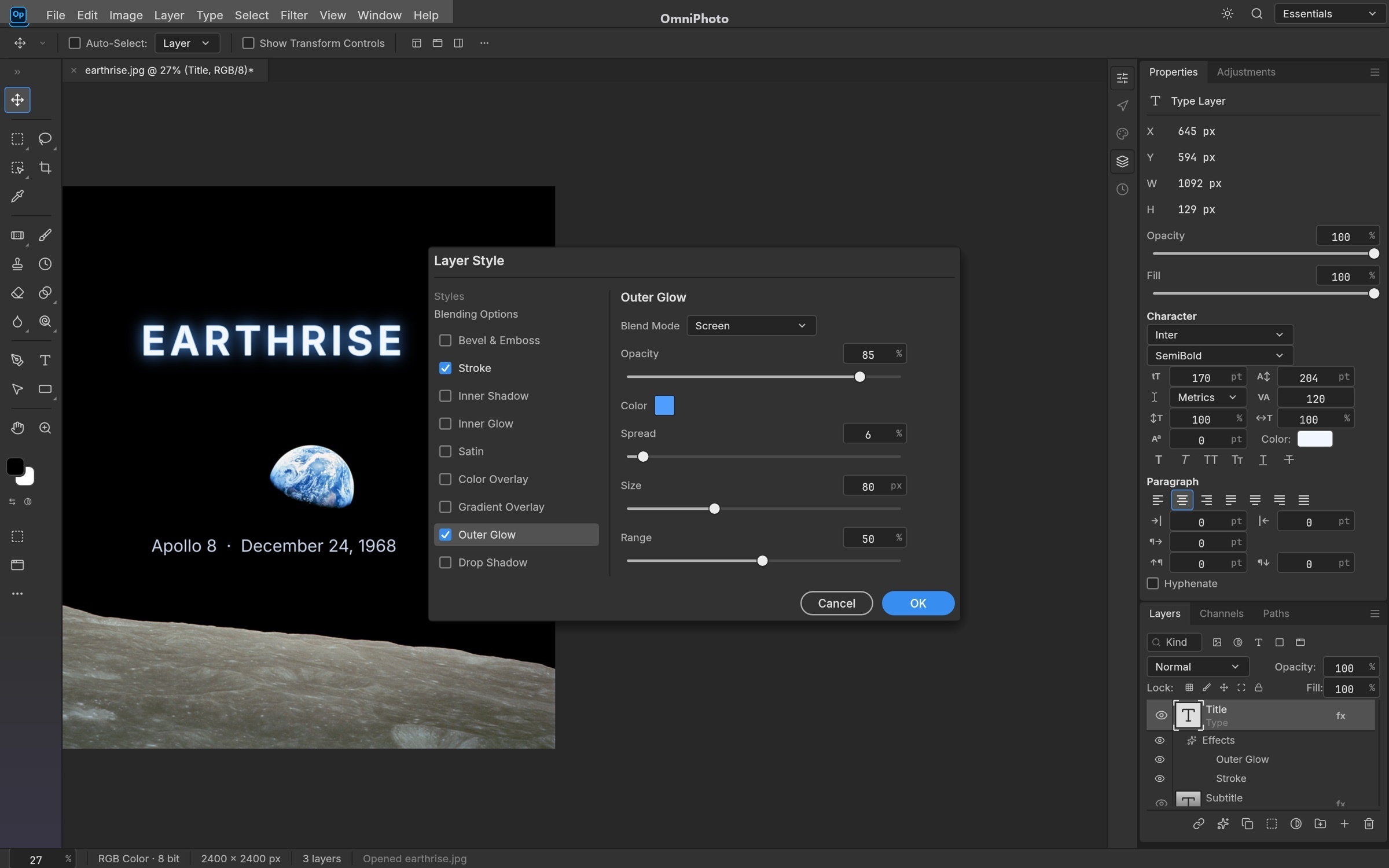 OmniPhoto WebAssembly Studio: Styles That Sell The Shot workflow applied to Earthrise — William Anders / NASA, 1968