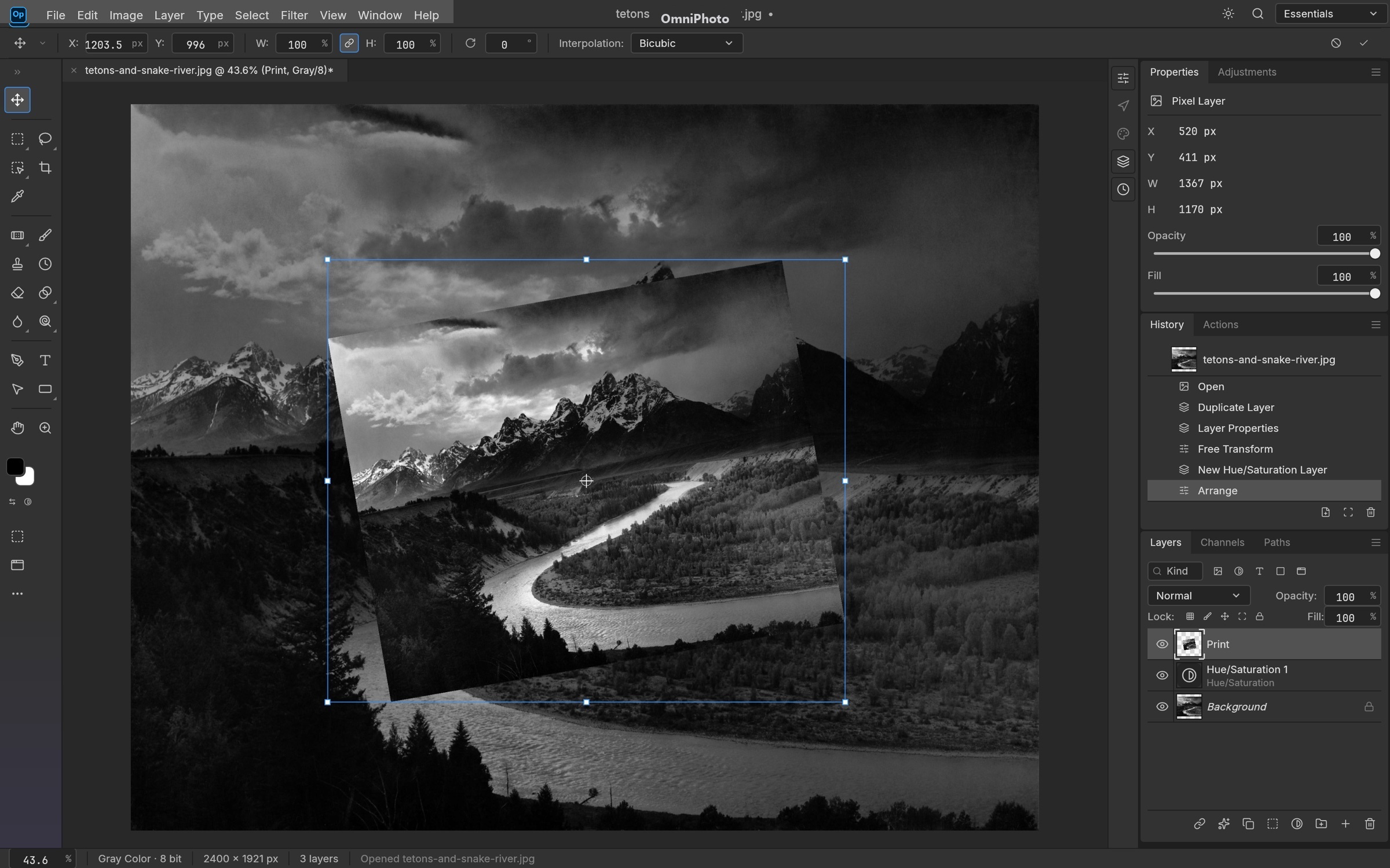 OmniPhoto WebAssembly Studio: Free Transform & Granular History workflow applied to The Tetons and the Snake River — Ansel Adams, 1942