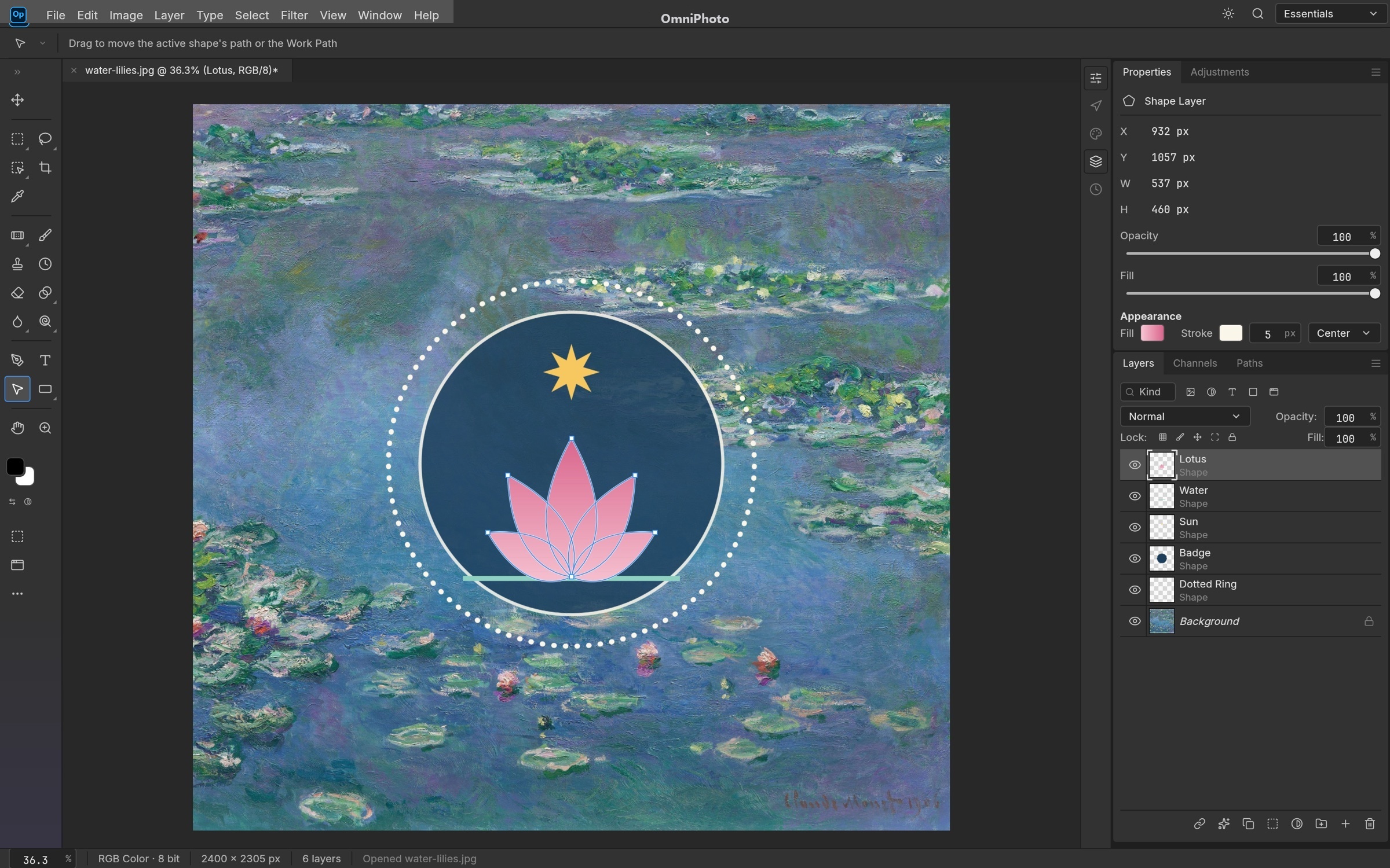 OmniPhoto WebAssembly Studio: Infinite-Resolution Vector Shapes workflow applied to Water Lilies — Claude Monet, 1906